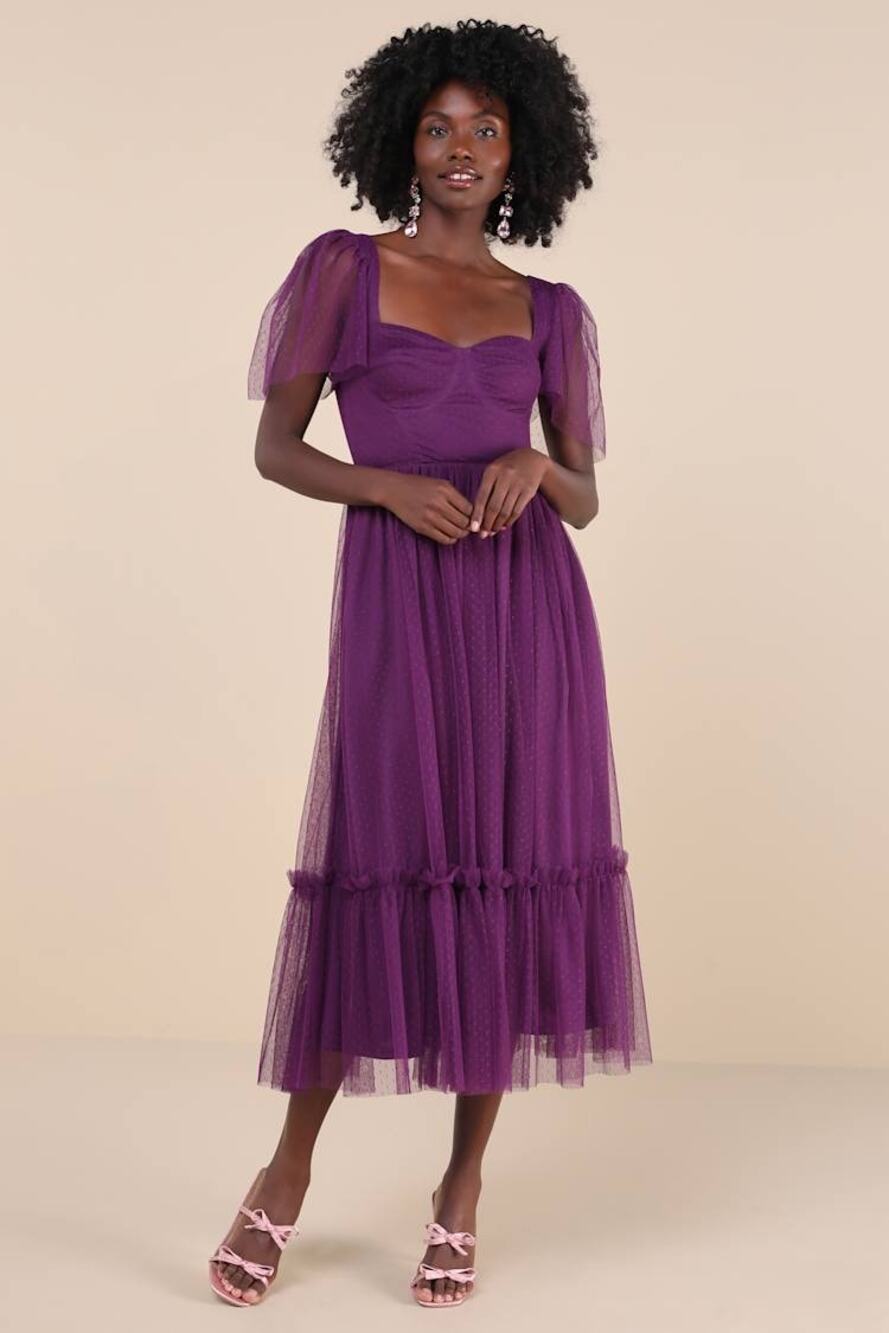 NWT Lulus Dreamy Celebration Plum Purple Tulle Bustier Swiss Dot Midi Dress Sz S